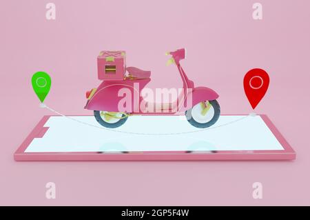 3D Abbildung, Lieferpaket mit Roller auf rosa Handy. Paket im E-Commerce per App bestellen. Stockfoto