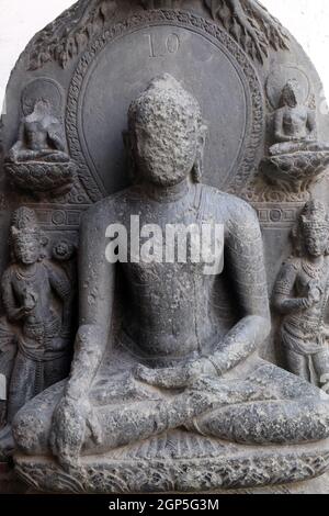 Buddha sitzt in bhumisparsha, von 10th Jahrhundert in Basalt gefunden, Bihar jetzt im indischen Museum in Kalkutta, West Bengal, Indien ausgesetzt Stockfoto
