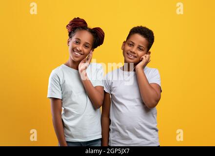 Nette afroamerikanische Geschwister schöner Bruder und Schwester, die sich Kopfhörer teilen, Musik hören, die Kamera anlächeln, gemeinsam ein schönes Lied genießen, yel Stockfoto
