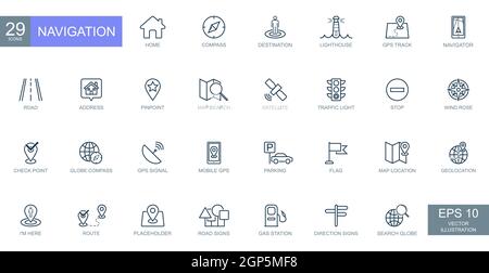 Navigation, Position, GPS-Elemente - dünne Linien Web-Symbole gesetzt. Vektorgrafik Stockfoto