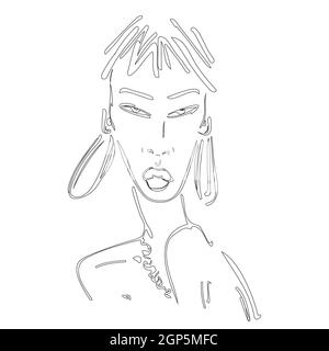Vektor-Illustration mit dem Gesicht einer asiatischen Frau mit großen Ohrringen und vollen Lippen. Stock Vektor