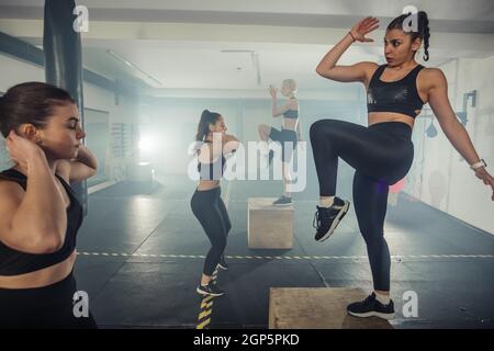 Eine weibliche Gruppe, die ein funktionelles Fitnesstraining macht, knirscht im Stehen Und steigen Sie in der Sporthalle Stockfoto