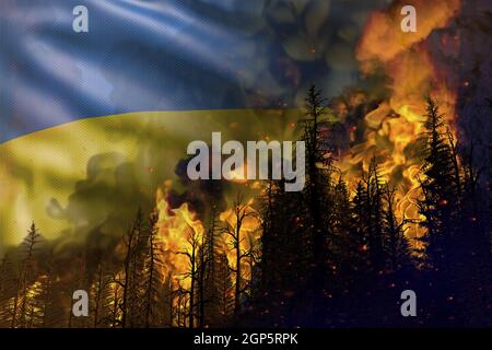 Waldbrandbekämpfungskonzept, Naturkatastrophe - flammendes Feuer im Wald auf Ukraine Flagge Hintergrund - 3D-Darstellung der Natur Stockfoto