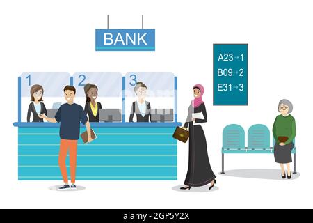 Cartoon Menschen Charaktere in der Warteschlange in der Bank.männliche und weibliche Kunden stehen und sprechen mit Managern der Bank, Kreditabteilung Mitarbeiter.Illustration Stock Vektor