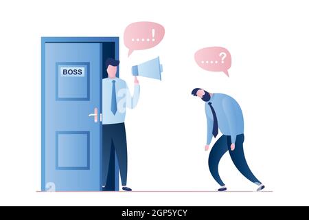 Wütender Geschäftsmann mit Lautsprecher in der Hand, Büroboss mit Megaphon steht in der Tür und unglücklicher müder männlicher Angestellter, Sprechblasen mit Schildern Stock Vektor