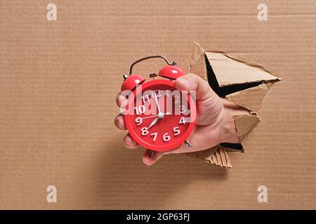 Roter Wecker in der Hand, eine zerrissene Pappwand.Acht morgens oder abends Stockfoto