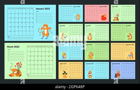 Horizontaler Kalender oder Planer 2022 mit Tigern. Satz von 12 monatlichen Seiten. Organizer Scheduler Timetable Vektorvorlage. Tischkalender an der Wand Stock Vektor