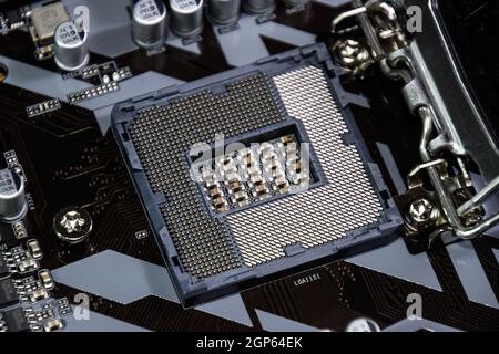 Krasnodar, Russland - September 7, 2018: ein Nest für den Intel Prozessor bzw. die Intel Technologie in der Hauptplatine. Stockfoto