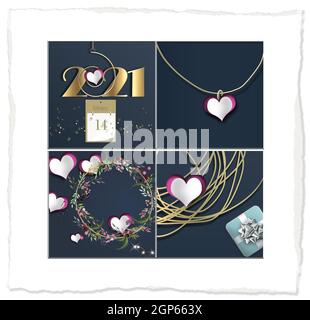 Vintage 2021 Valentines Collage von Herzen, Ziffer 2021, Geschenkbox. Weichfokus. 3D-Darstellung Stockfoto