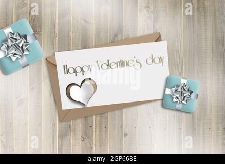 Elegante Valentinskarte auf Holz mit Geschenkschachteln, Herz. Pastellblau. Text-Alles Liebe zum Valentinstag. Modell, Vorlage, 3D-Rendering Stockfoto