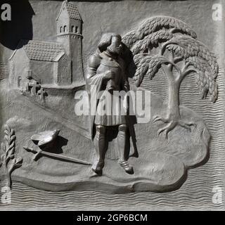 Ulrich von Hutten an Ufenau, wo er einen letzten Ausweg für Zwingli, Relief an der Tür der Grossmünster ('große Münster') Kirche in Zürich, Sw vorbereitet Stockfoto