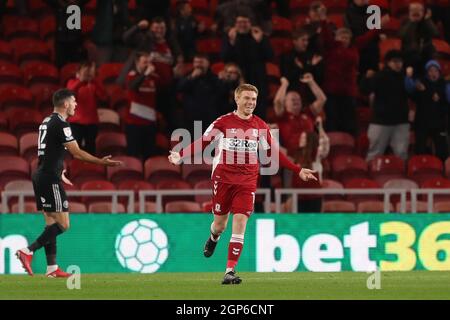 MIDDLESBROUGH, GROSSBRITANNIEN. 28. SEPTEMBER Duncan Watmore von Middlesbrough feiert sein erstes Tor während des Sky Bet Championship-Spiels zwischen Middlesbrough und Sheffield United am Dienstag, den 28. September 2021 im Riverside Stadium, Middlesbrough. (Kredit: Mark Fletcher | MI News) Kredit: MI Nachrichten & Sport /Alamy Live News Stockfoto