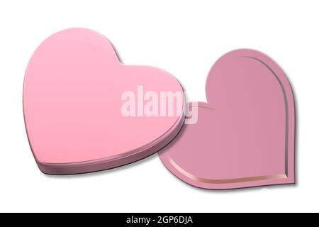 Öffnen rosa Geschenkbox Herz Form Draufsicht. Liebe Herz Form Box auf weißem Hintergrund. Liebe, Valentinstag, Geburtstag, Muttertag, Weihnachten, Neujahr. Stockfoto