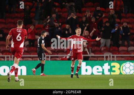 MIDDLESBROUGH, GROSSBRITANNIEN. 28. SEPTEMBER Duncan Watmore von Middlesbrough feiert sein erstes Tor während des Sky Bet Championship-Spiels zwischen Middlesbrough und Sheffield United am Dienstag, den 28. September 2021 im Riverside Stadium, Middlesbrough. (Kredit: Mark Fletcher | MI News) Kredit: MI Nachrichten & Sport /Alamy Live News Stockfoto