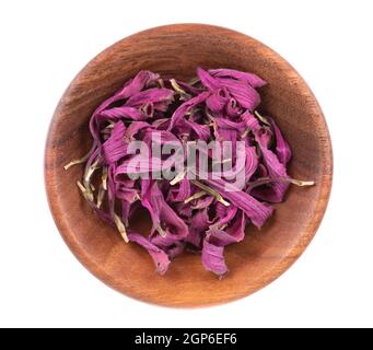 Getrocknete Echinacea Blüten in Holzschale, isoliert auf weißem Hintergrund. Blütenblätter von Echinacea purpurea. Heilkräuter. Draufsicht. Stockfoto