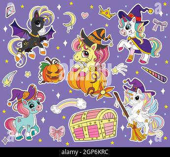 Set von niedlichen Einhörnern mit magischen Elementen mit einem Halloween-Thema auf lila Hintergrund isoliert. Vektorgrafik für Aufkleber, Party, Print, Wallp Stock Vektor
