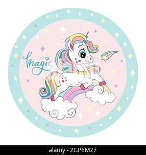 Ziemlich Cartoon weißes Einhorn ein Regenbogen mit Sternen und Kometen. Vektordarstellung in der Kreisform. Für Party, Druck, Babydusche, Design, Dekor, Di Stock Vektor