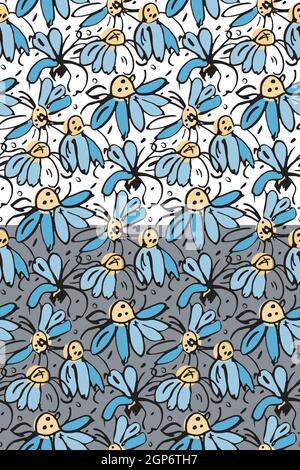 Nahtloses Kamille-Blumenmuster. Handgezeichnete schwarze Pinselstreichlinie, Gänseblümchen-Wiesenblumen in blau-gelben Farben Stock Vektor
