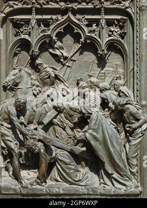 Das todesurteil und die Art und Weise an den Leidensweg Jesu Christi, Detail der wichtigsten bronze Tür der Mailänder Dom, Duomo di Santa Maria Nascente, M Stockfoto