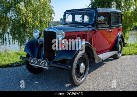 Oldtimer Hillman Minx Baujahr 1933, 3 Gänge, 1.185 cm Hubraum, 4 Zylinder, 30 ps, 950 kg Gewicht, Österreich Stockfoto