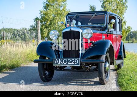 Oldtimer Hillman Minx Baujahr 1933, 3 Gänge, 1.185 cm Hubraum, 4 Zylinder, 30 ps, 950 kg Gewicht, Österreich Stockfoto