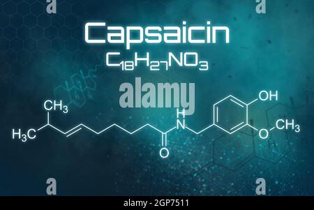 Chemische Formel von Capsaicin auf einem futuristischen Hintergrund Stockfoto