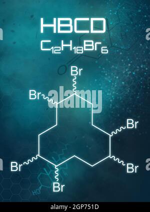 Chemische Formel von HBCD auf einem futuristischen Hintergrund Stockfoto