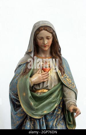 Unbefleckte Herz Mariens, Statue auf dem Altar des Heiligen Josef in der Kirche der Himmelfahrt der Jungfrau Maria in Klostar Ivanic, Kroatien Stockfoto