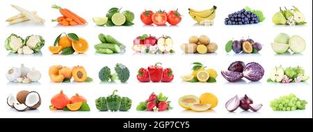 Obst Gemüse Sammlung isoliert Apfel Äpfel Orangen Knoblauch Tomaten Banane Farben frisches Obst auf weißem Hintergrund Stockfoto