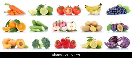 Obst Gemüse Sammlung isoliert Apfel Äpfel Orangen Tomaten Bananenfarben frisches Obst auf weißem Hintergrund Stockfoto