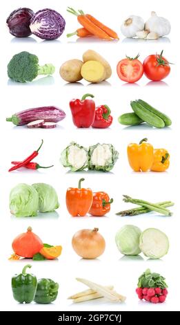 Sammlung von Gemüse Tomaten Spargel Karotten Salat frische Lebensmittel Gemüse auf weißem Hintergrund isoliert Stockfoto