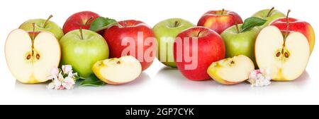 Apfelfrüchte rote und grüne Äpfel Obst isoliert auf weißem Hintergrund in einer Reihe Stockfoto