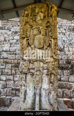 Stele N, in Tempel 11, Maya-Stätte, Copan, Honduras Stockfoto