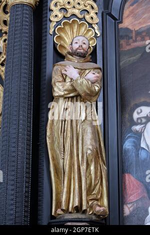 Hl. Dominikus, Statue auf dem Altar unserer Lieben Frau von Leiden, Pfarrkirche der Unbefleckten Empfängnis der Jungfrau Maria in Lepoglava, Kroatien Stockfoto