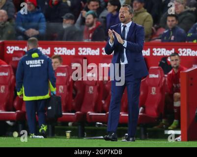 Middlesbrough, England, 28. September 2021. Slavisa Jokanovic Managerin von Sheffield Utd beim Sky Bet Championship-Spiel im Riverside Stadium, Middlesbrough. Bildnachweis sollte lauten: Simon Bellis / Sportimage Stockfoto