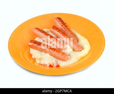 Würstchen mit Kartoffelpüree in Orange flach Stockfoto