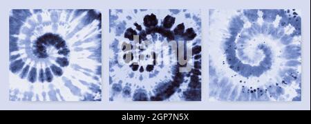 Indigo Tie Dye Spirale. Hippie-Hemdstoff. Psychedelische Grunge-Textilien. Tie Dye Spiral in der Wirkung der 70er Jahre. Cool Stock Vektor