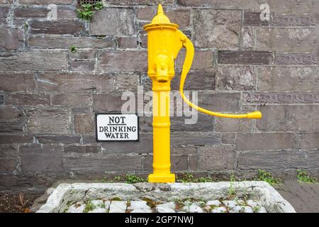 Vintage Wasser Handpumpe vor Macroom Town Hall, North Square, Macroom (Maigh Chromtha), County Cork, Republik Irland Stockfoto