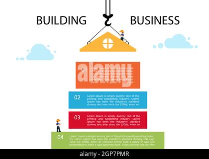 Kran und Baustein. Infografik-Vorlage für Geschäftsaufbau. Stock Vektor