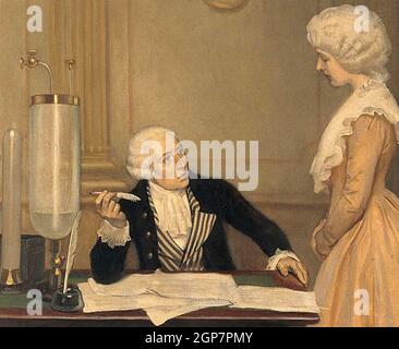 ANTOINE LAVOISIER (1743-1794) französischer Adliger und Chemiker erklärt seine Experimente mit seiner Frau Marie-Anne Stockfoto