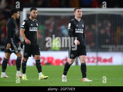 Middlesbrough, England, 28. September 2021. John Fleck von Sheffield Utd sieht nach dem Sky Bet Championship-Spiel im Riverside Stadium, Middlesbrough, niedergeschlagen aus. Bildnachweis sollte lauten: Simon Bellis / Sportimage Stockfoto