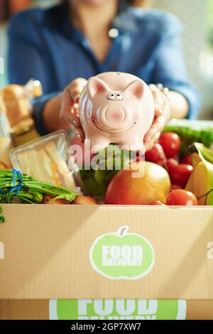 Lieferung von Lebensmitteln. Nahaufnahme des Weibchens mit Futterbox und Sparschwein in der Küche. Stockfoto