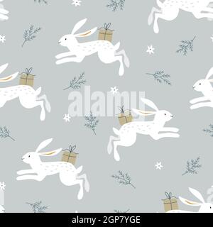 Schöne Weihnachten nahtlose, wiederholte Muster. Springende weiße Kaninchen, Hasen mit Geschenkschachteln und Tannenzweigen. Blauer Hintergrund. Süßes Skandinavisches Stock Vektor