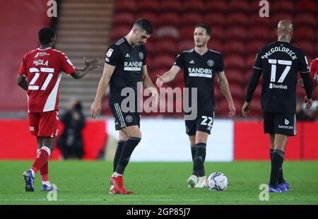 Middlesbrough, England, 28. September 2021. John Egan von Sheffield Utd sieht nach dem Spiel der Sky Bet Championship im Riverside Stadium, Middlesbrough, niedergeschlagen aus. Bildnachweis sollte lauten: Simon Bellis / Sportimage Stockfoto