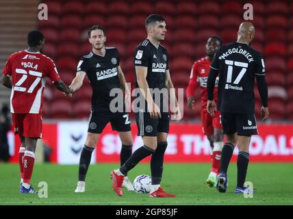 Middlesbrough, England, 28. September 2021. John Egan von Sheffield Utd sieht nach dem Spiel der Sky Bet Championship im Riverside Stadium, Middlesbrough, niedergeschlagen aus. Bildnachweis sollte lauten: Simon Bellis / Sportimage Stockfoto