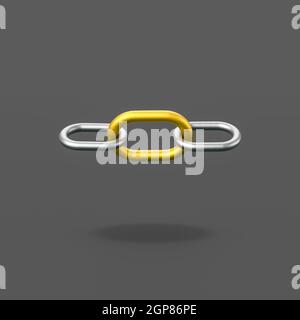 Metallkette mit einem goldenen Link isoliert auf flachem schwarzem Hintergrund mit 3D-Schattendarstellung, Join-Konzept Stockfoto