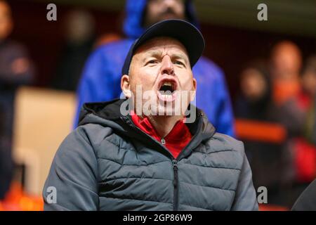 LONDON, GROSSBRITANNIEN. 28. SEPTEMBER enttäuschte Fans äußern ihre Frustrationen während des Spiels der Sky Bet League 1 zwischen Charlton Athletic und Bolton Wanderers am Dienstag, den 28. September 2021 im The Valley, London. (Kredit: Tom West | MI News) Kredit: MI Nachrichten & Sport /Alamy Live News Stockfoto