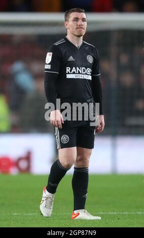 Middlesbrough, England, 28. September 2021. John Fleck von Sheffield Utd sieht nach dem Sky Bet Championship-Spiel im Riverside Stadium, Middlesbrough, niedergeschlagen aus. Bildnachweis sollte lauten: Simon Bellis / Sportimage Stockfoto