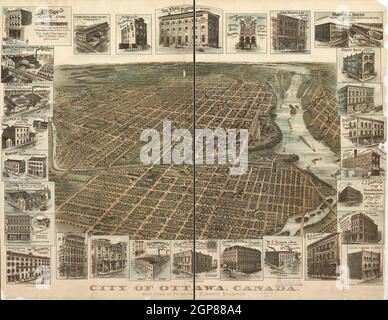Panoramakarte der Stadt Ottawa, Ontario, Kanada, mit Blick auf die wichtigsten Geschäftsgebäude im Jahr 1895. Stockfoto
