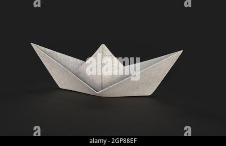 3D-Rendering eines Papierbootes auf einer weichen schwarzen Oberfläche Stockfoto